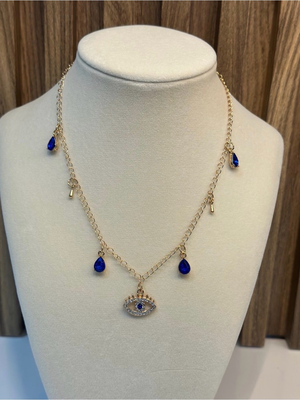 Gold Evil Eye Necklace Blue Teardrop Crystal Charm Statement Jewelry